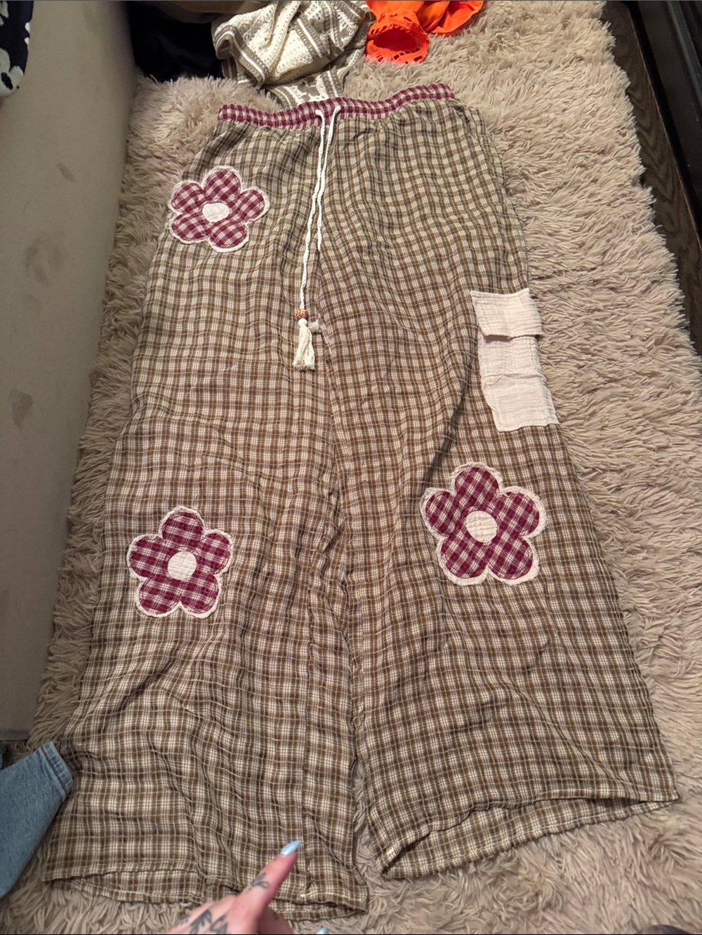 Brown Plaid Wide-Leg Pants with Pink Flower Patches